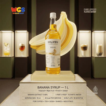 DELIFRU Banana Syrup 1 Liter - Sirup Rasa Pisang untuk Milkshake, Smoothie, Mocktail, Kopi & Dessert Halal