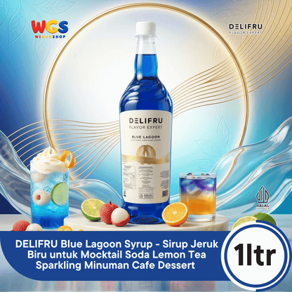 DELIFRU Blue Lagoon Syrup 1 Liter - Sirup Blue Curacao Jeruk Biru untuk Mocktail Soda Minuman Cafe Halal