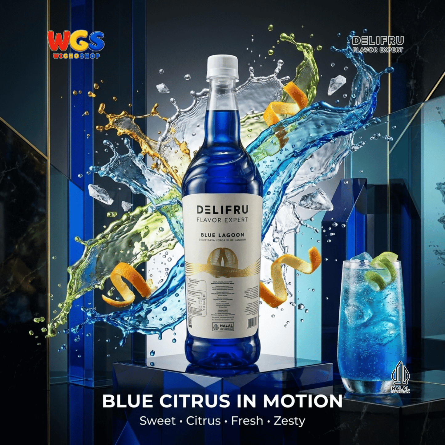 DELIFRU Blue Lagoon Syrup 1 Liter - Sirup Blue Curacao Jeruk Biru untuk Mocktail Soda Minuman Cafe Halal