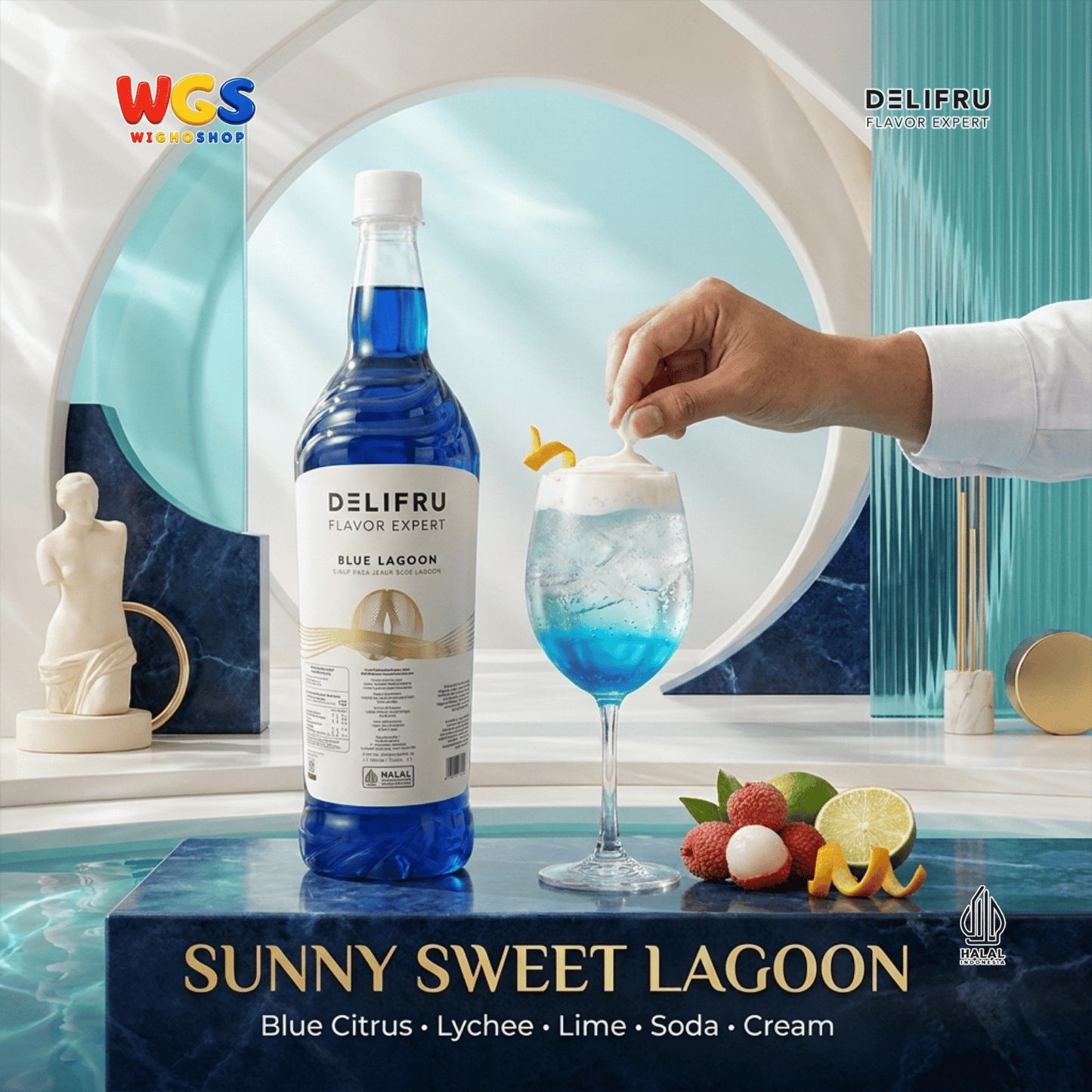 DELIFRU Blue Lagoon Syrup 1 Liter - Sirup Blue Curacao Jeruk Biru untuk Mocktail Soda Minuman Cafe Halal