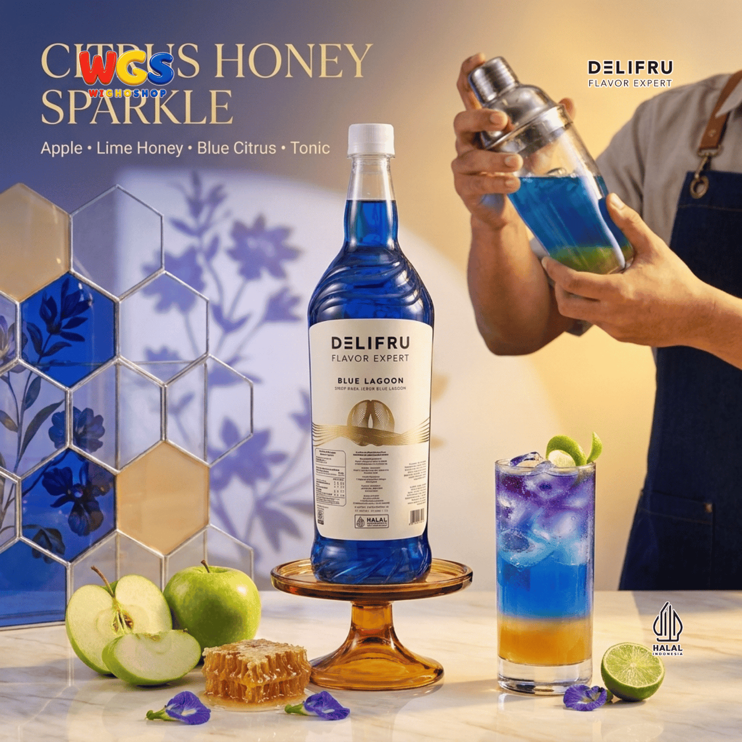 DELIFRU Blue Lagoon Syrup 1 Liter - Sirup Blue Curacao Jeruk Biru untuk Mocktail Soda Minuman Cafe Halal