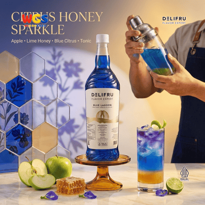 DELIFRU Blue Lagoon Syrup 1 Liter - Sirup Blue Curacao Jeruk Biru untuk Mocktail Soda Minuman Cafe Halal