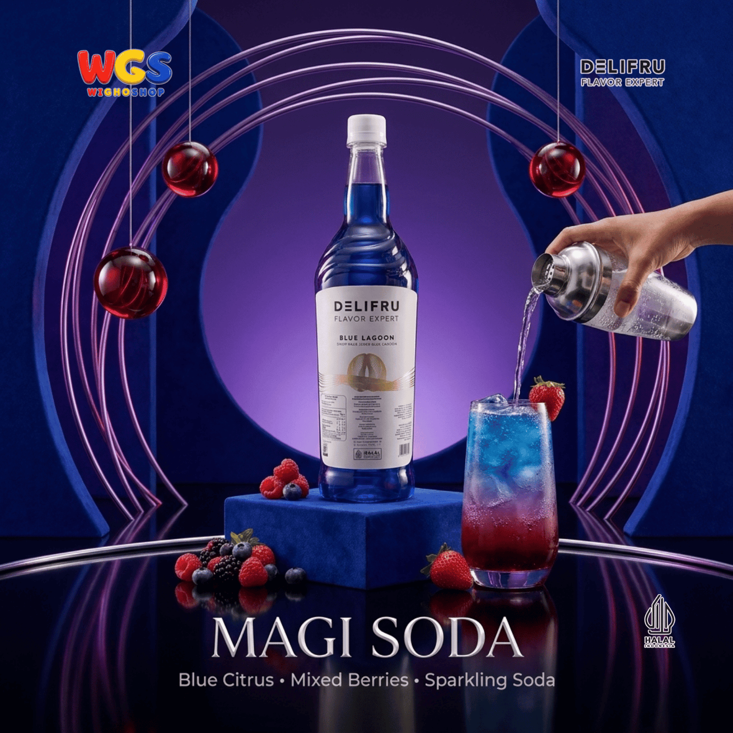 DELIFRU Blue Lagoon Syrup 1 Liter - Sirup Blue Curacao Jeruk Biru untuk Mocktail Soda Minuman Cafe Halal