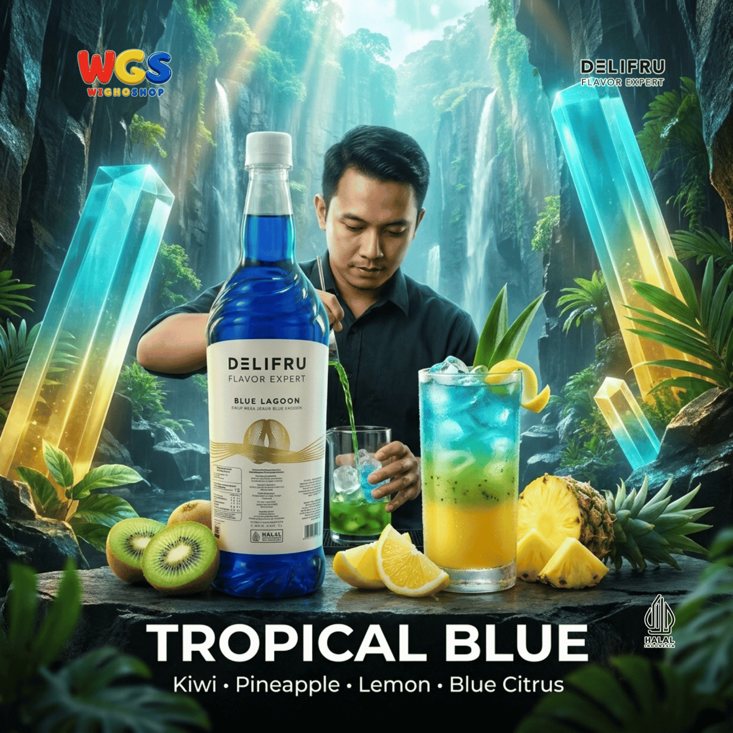 DELIFRU Blue Lagoon Syrup 1 Liter - Sirup Blue Curacao Jeruk Biru untuk Mocktail Soda Minuman Cafe Halal