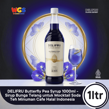 DELIFRU Butterfly Pea Syrup 1 Liter - Sirup Bunga Telang untuk Mocktail Soda Lemonade Iced Tea Minuman Cafe Halal