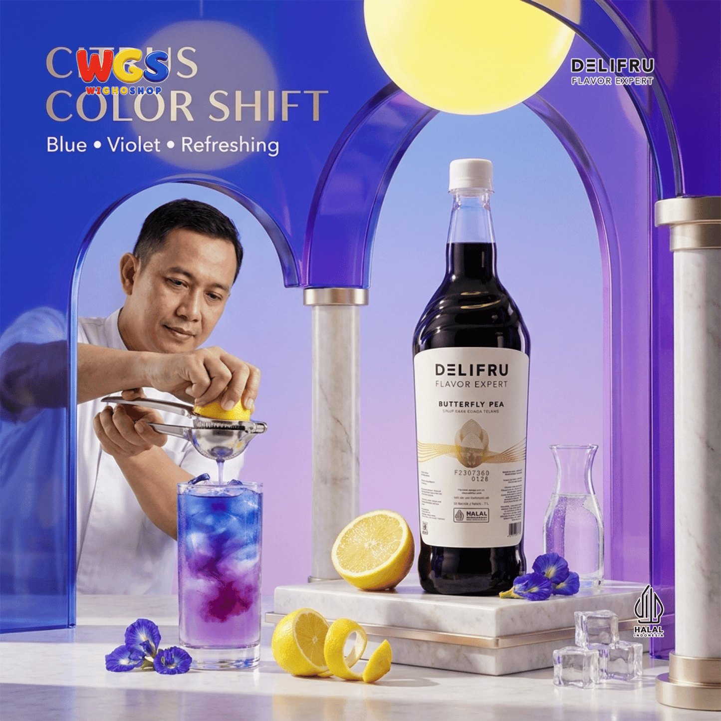 DELIFRU Butterfly Pea Syrup 1 Liter - Sirup Bunga Telang untuk Mocktail Soda Lemonade Iced Tea Minuman Cafe Halal