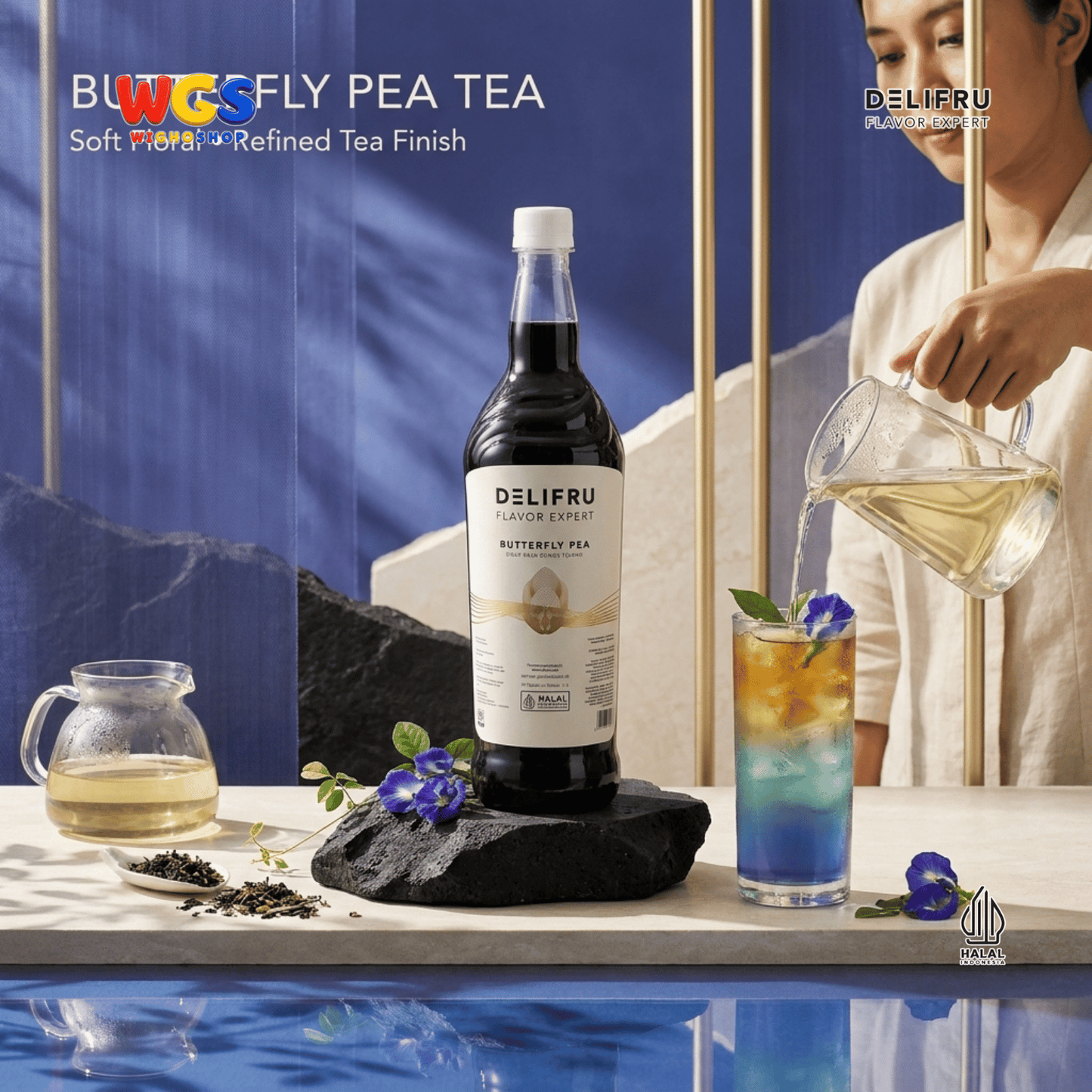 DELIFRU Butterfly Pea Syrup 1 Liter - Sirup Bunga Telang untuk Mocktail Soda Lemonade Iced Tea Minuman Cafe Halal