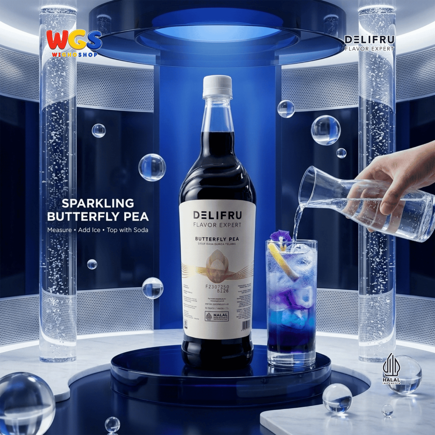 DELIFRU Butterfly Pea Syrup 1 Liter - Sirup Bunga Telang untuk Mocktail Soda Lemonade Iced Tea Minuman Cafe Halal