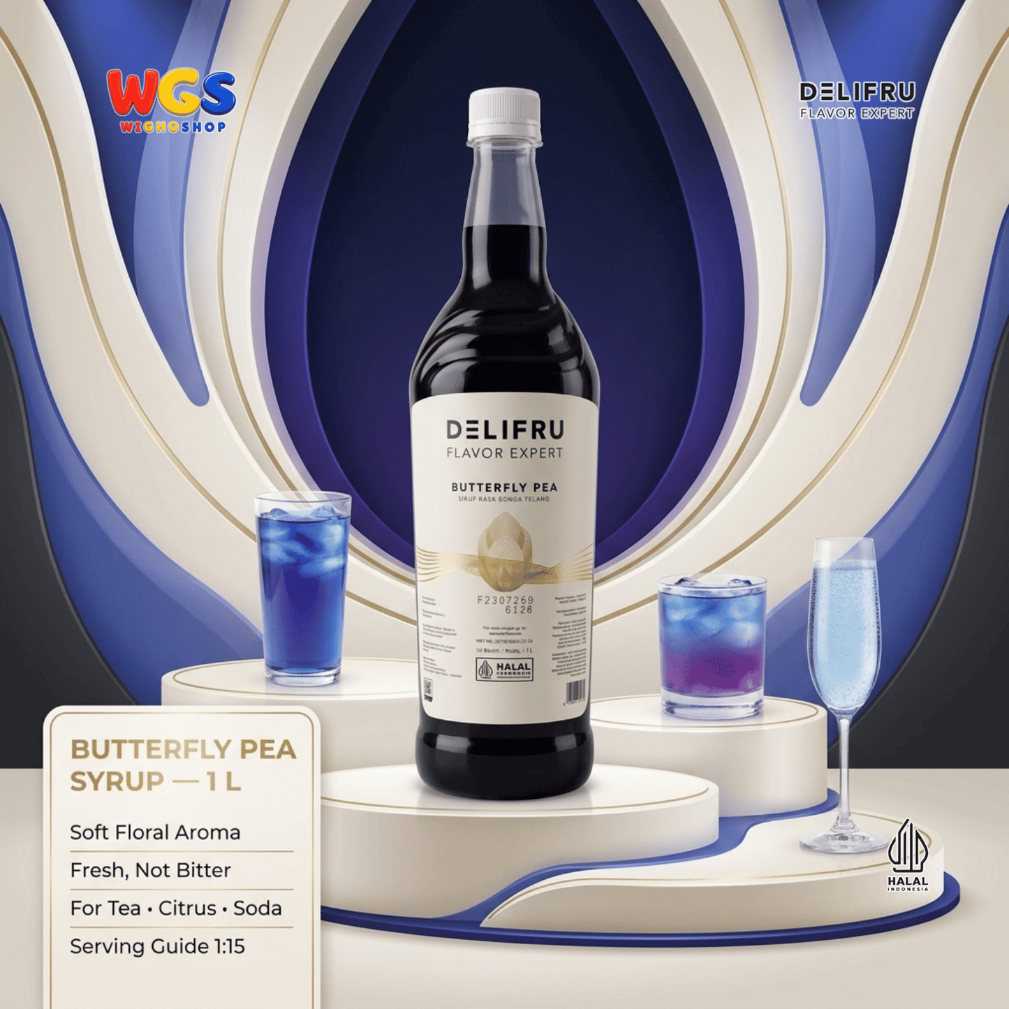 DELIFRU Butterfly Pea Syrup 1 Liter - Sirup Bunga Telang untuk Mocktail Soda Lemonade Iced Tea Minuman Cafe Halal