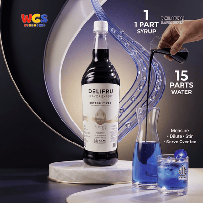 DELIFRU Butterfly Pea Syrup 1 Liter - Sirup Bunga Telang untuk Mocktail Soda Lemonade Iced Tea Minuman Cafe Halal