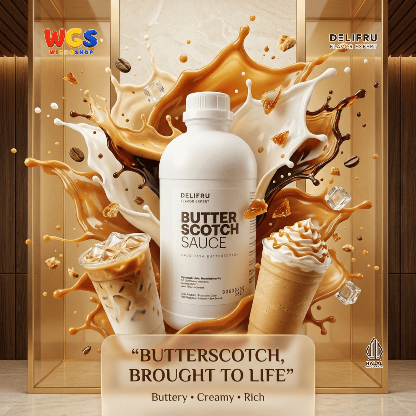 DELIFRU Butterscotch Sauce 1kg - Saus Topping Kopi Latte Frappe Milkshake Es Krim Pancake Waffle Dessert Halal