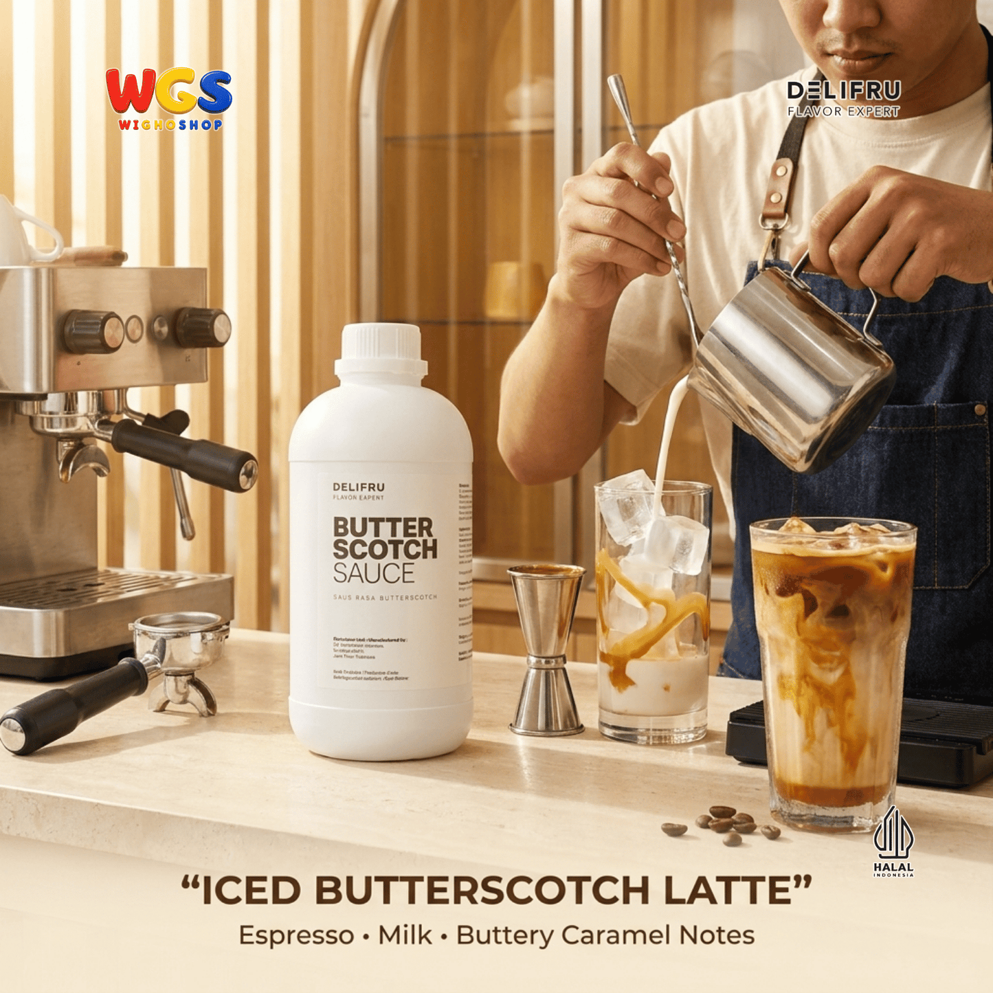 DELIFRU Butterscotch Sauce 1kg - Saus Topping Kopi Latte Frappe Milkshake Es Krim Pancake Waffle Dessert Halal