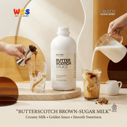 DELIFRU Butterscotch Sauce 1kg - Saus Topping Kopi Latte Frappe Milkshake Es Krim Pancake Waffle Dessert Halal