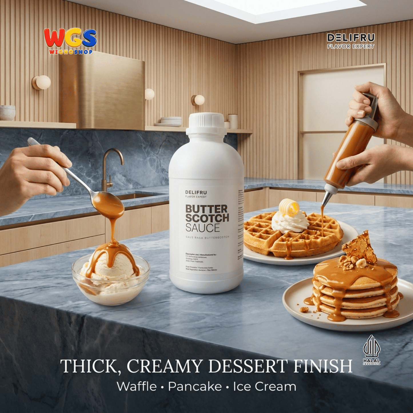DELIFRU Butterscotch Sauce 1kg - Saus Topping Kopi Latte Frappe Milkshake Es Krim Pancake Waffle Dessert Halal