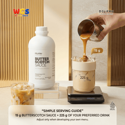 DELIFRU Butterscotch Sauce 1kg - Saus Topping Kopi Latte Frappe Milkshake Es Krim Pancake Waffle Dessert Halal