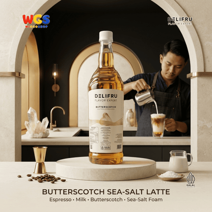 DELIFRU Butterscotch Syrup 1 Liter - Sirup Kopi Rasa Butter Caramel untuk Latte, Frappe, Milkshake & Dessert Halal