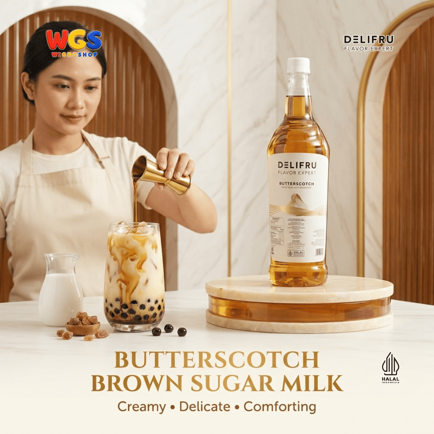 DELIFRU Butterscotch Syrup 1 Liter - Sirup Kopi Rasa Butter Caramel untuk Latte, Frappe, Milkshake & Dessert Halal