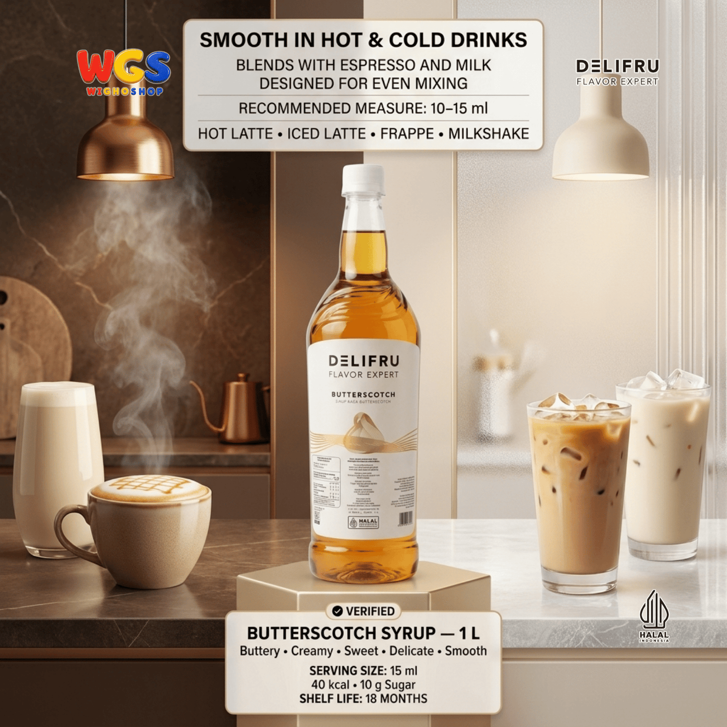 DELIFRU Butterscotch Syrup 1 Liter - Sirup Kopi Rasa Butter Caramel untuk Latte, Frappe, Milkshake & Dessert Halal