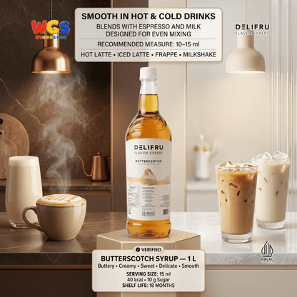 DELIFRU Butterscotch Syrup 1 Liter - Sirup Kopi Rasa Butter Caramel untuk Latte, Frappe, Milkshake & Dessert Halal