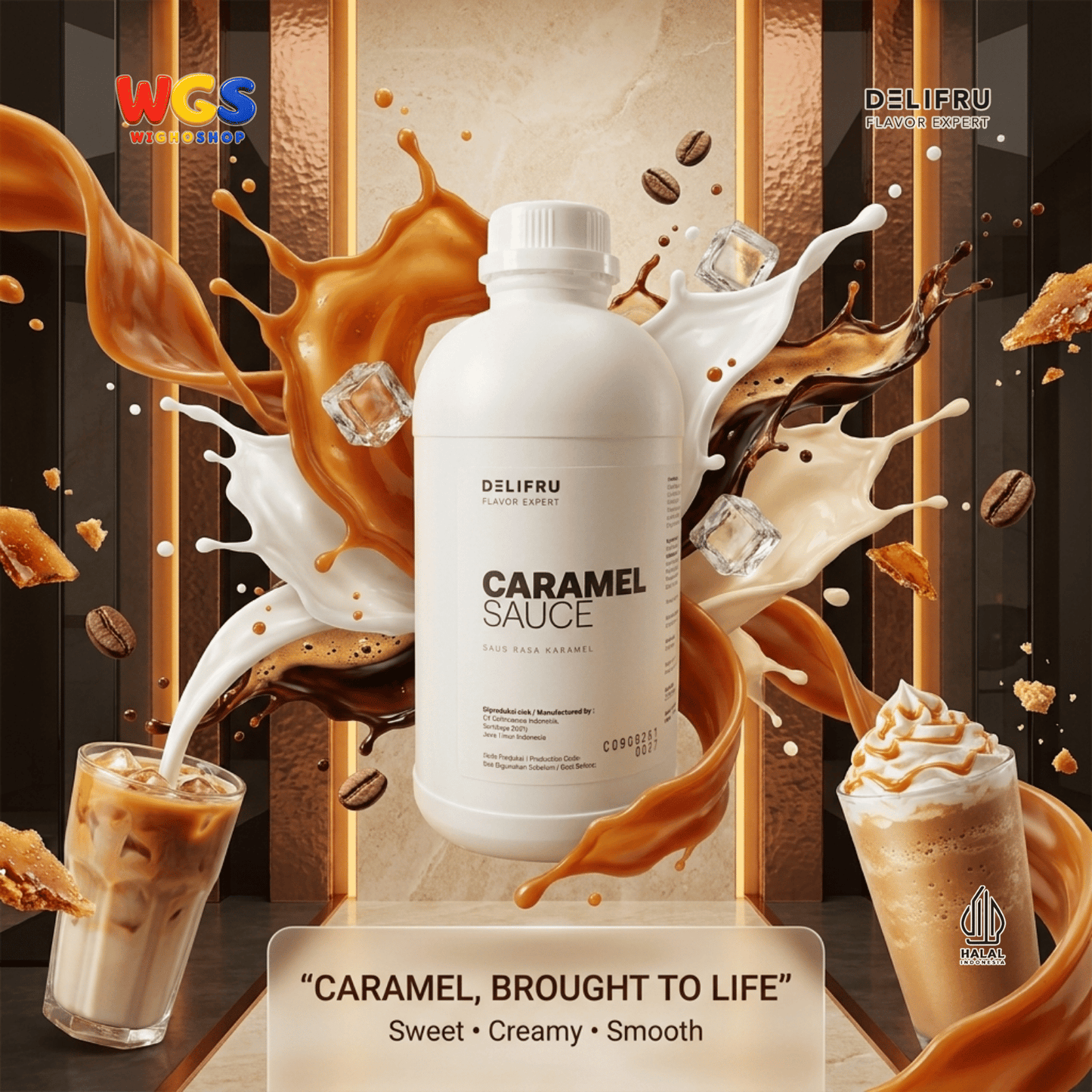 DELIFRU Caramel Sauce 1kg - Saus Karamel Topping Kopi Latte Frappe Es Krim Pancake Dessert Minuman Cafe Halal