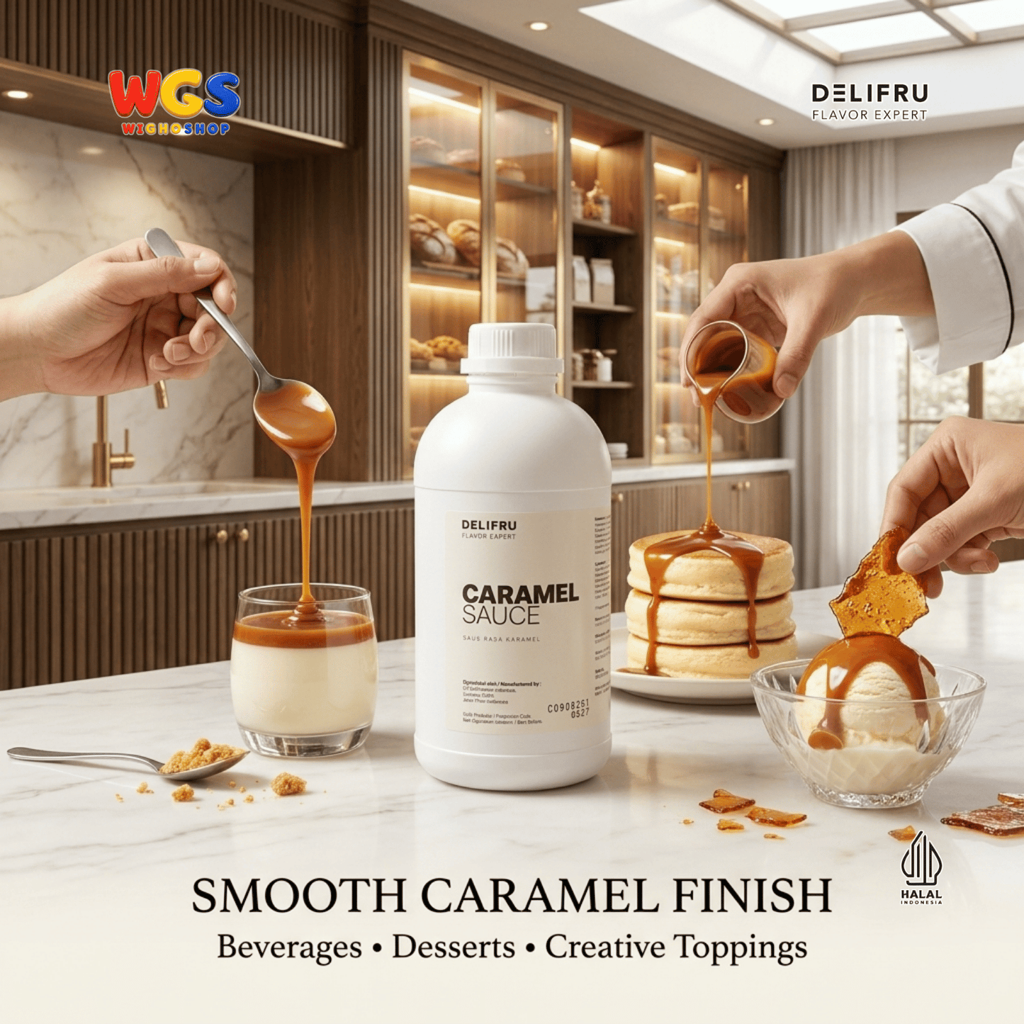 DELIFRU Caramel Sauce 1kg - Saus Karamel Topping Kopi Latte Frappe Es Krim Pancake Dessert Minuman Cafe Halal