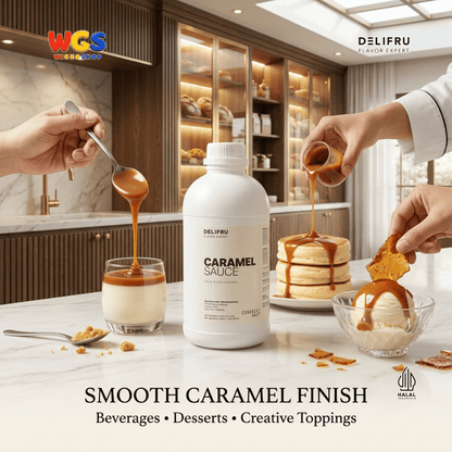 DELIFRU Caramel Sauce 1kg - Saus Karamel Topping Kopi Latte Frappe Es Krim Pancake Dessert Minuman Cafe Halal