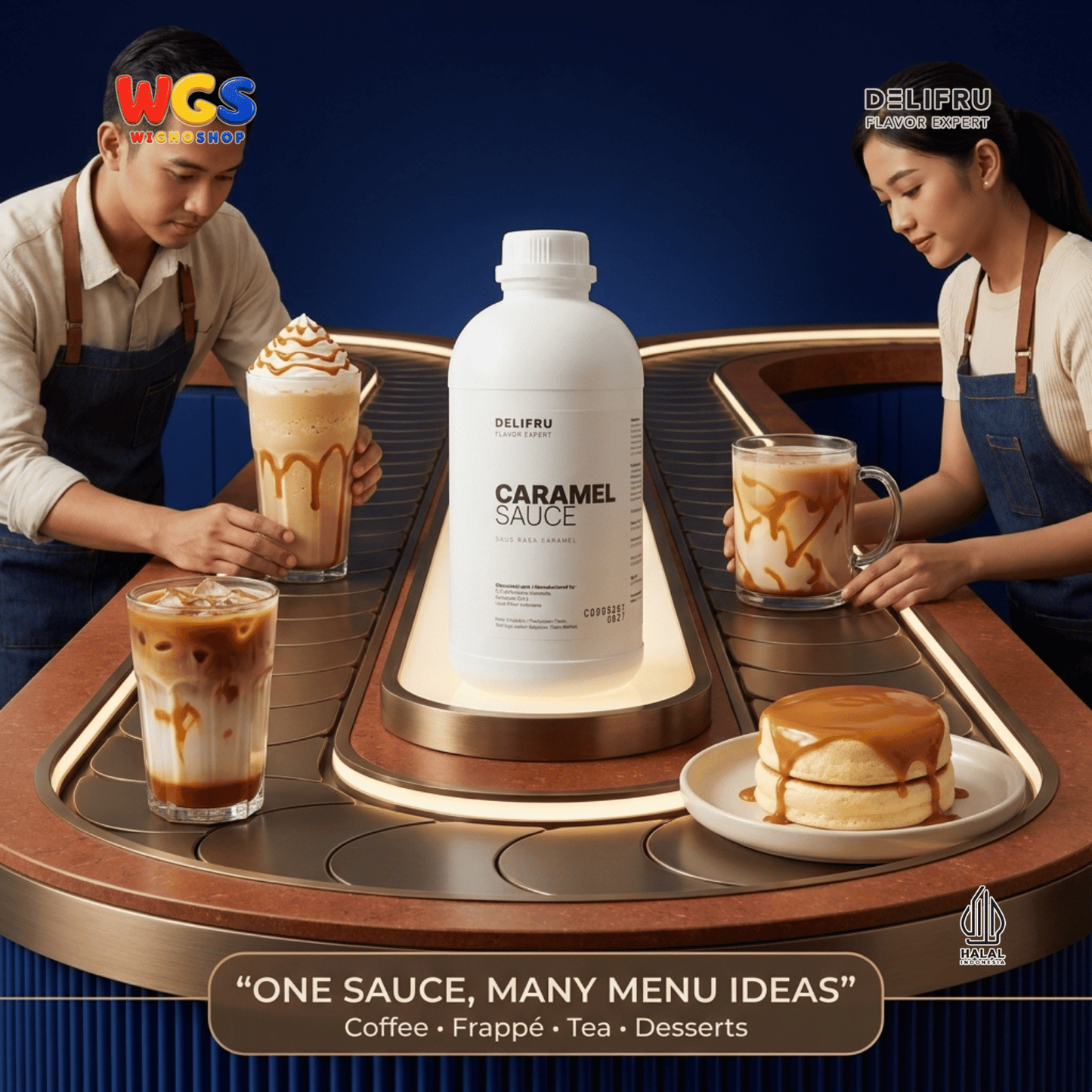DELIFRU Caramel Sauce 1kg - Saus Karamel Topping Kopi Latte Frappe Es Krim Pancake Dessert Minuman Cafe Halal