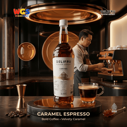 DELIFRU Caramel Syrup 1 Liter - Sirup Karamel untuk Kopi, Latte, Milkshake, Frappe, Dessert & Minuman Cafe Halal