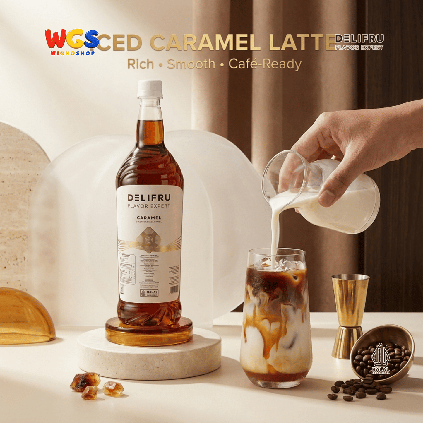 DELIFRU Caramel Syrup 1 Liter - Sirup Karamel untuk Kopi, Latte, Milkshake, Frappe, Dessert & Minuman Cafe Halal