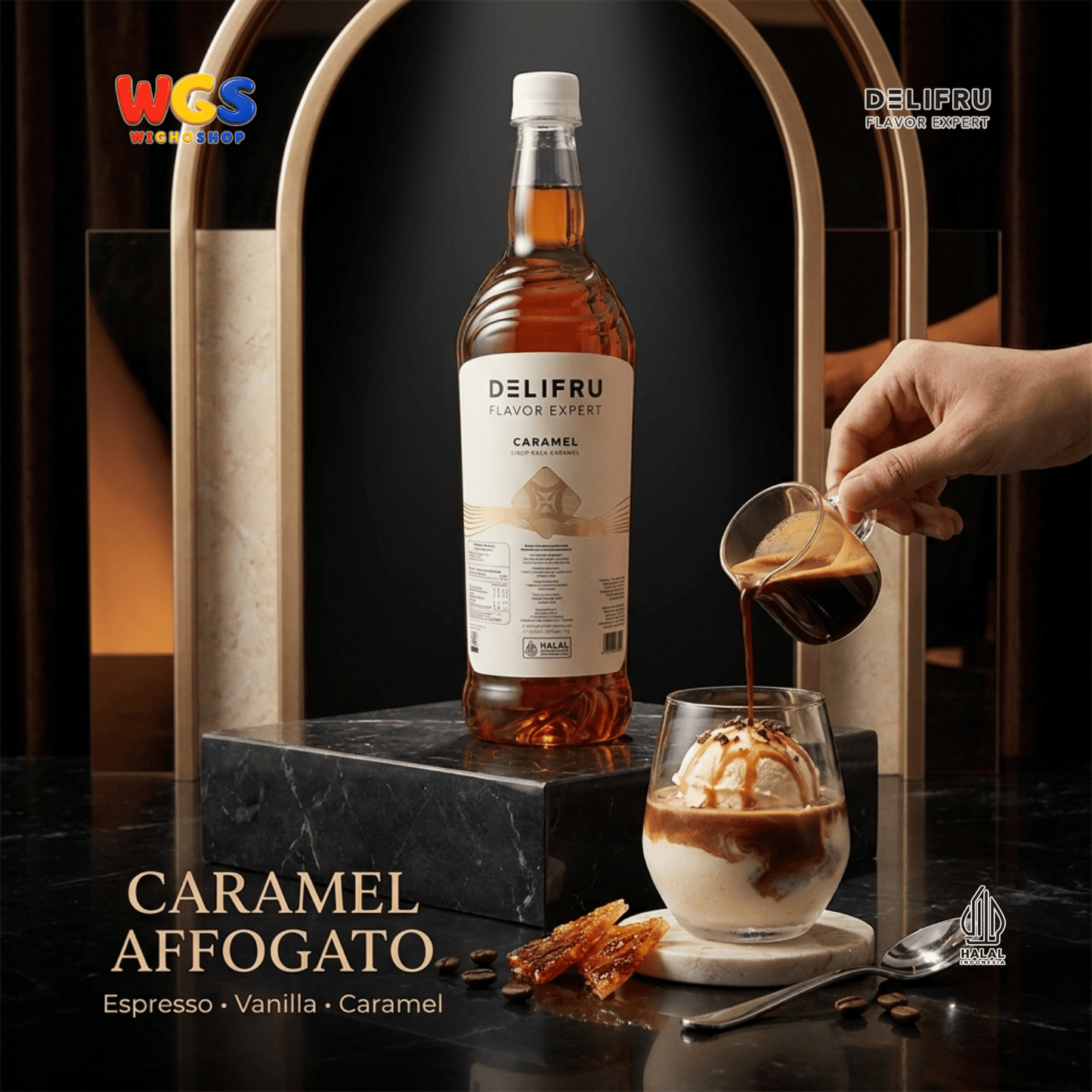 DELIFRU Caramel Syrup 1 Liter - Sirup Karamel untuk Kopi, Latte, Milkshake, Frappe, Dessert & Minuman Cafe Halal