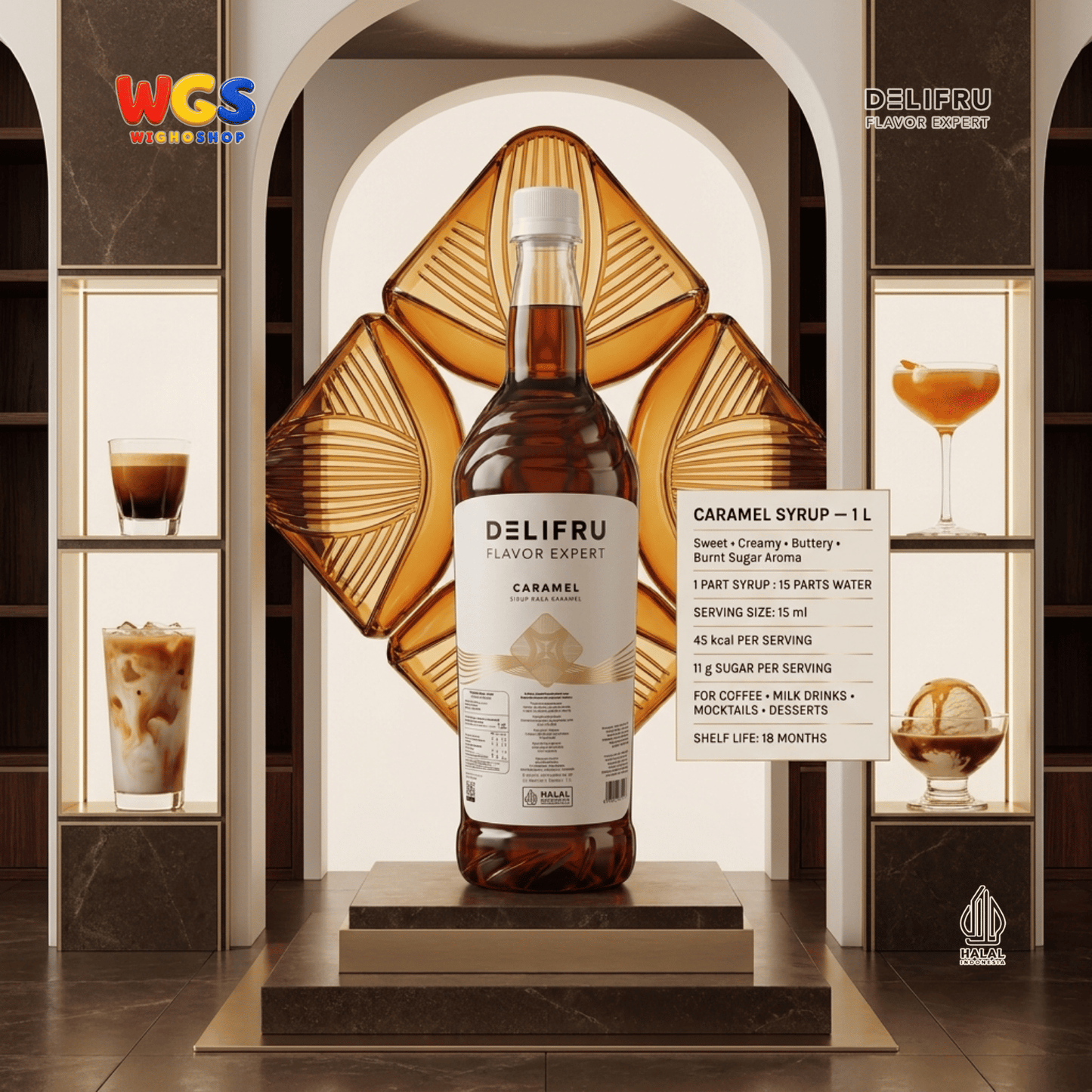 DELIFRU Caramel Syrup 1 Liter - Sirup Karamel untuk Kopi, Latte, Milkshake, Frappe, Dessert & Minuman Cafe Halal