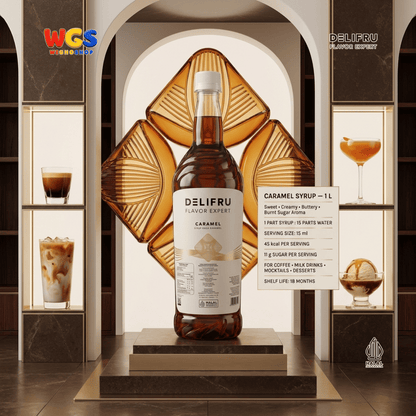DELIFRU Caramel Syrup 1 Liter - Sirup Karamel untuk Kopi, Latte, Milkshake, Frappe, Dessert & Minuman Cafe Halal