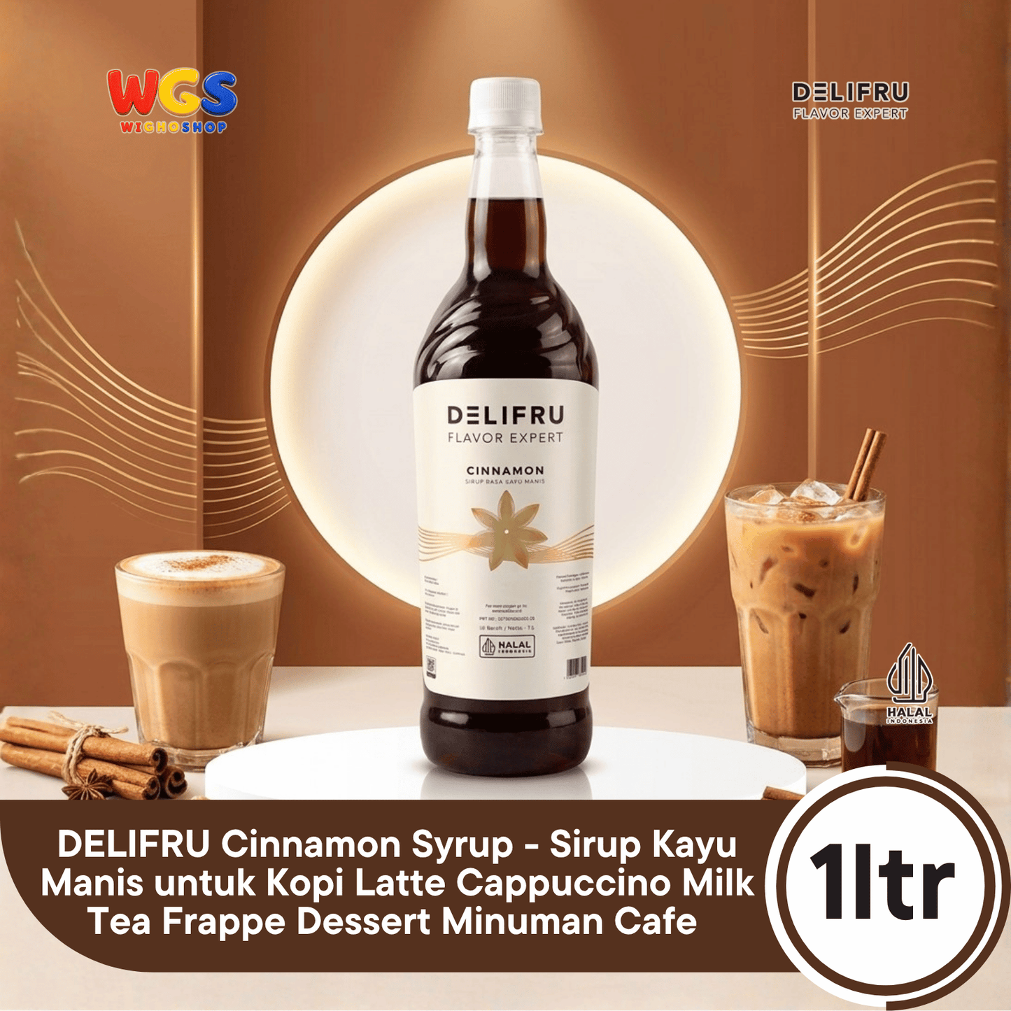 DELIFRU Cinnamon Syrup 1 Liter - Sirup Kayu Manis untuk Kopi Latte Cappuccino Mocha Frappe Cokelat Halal