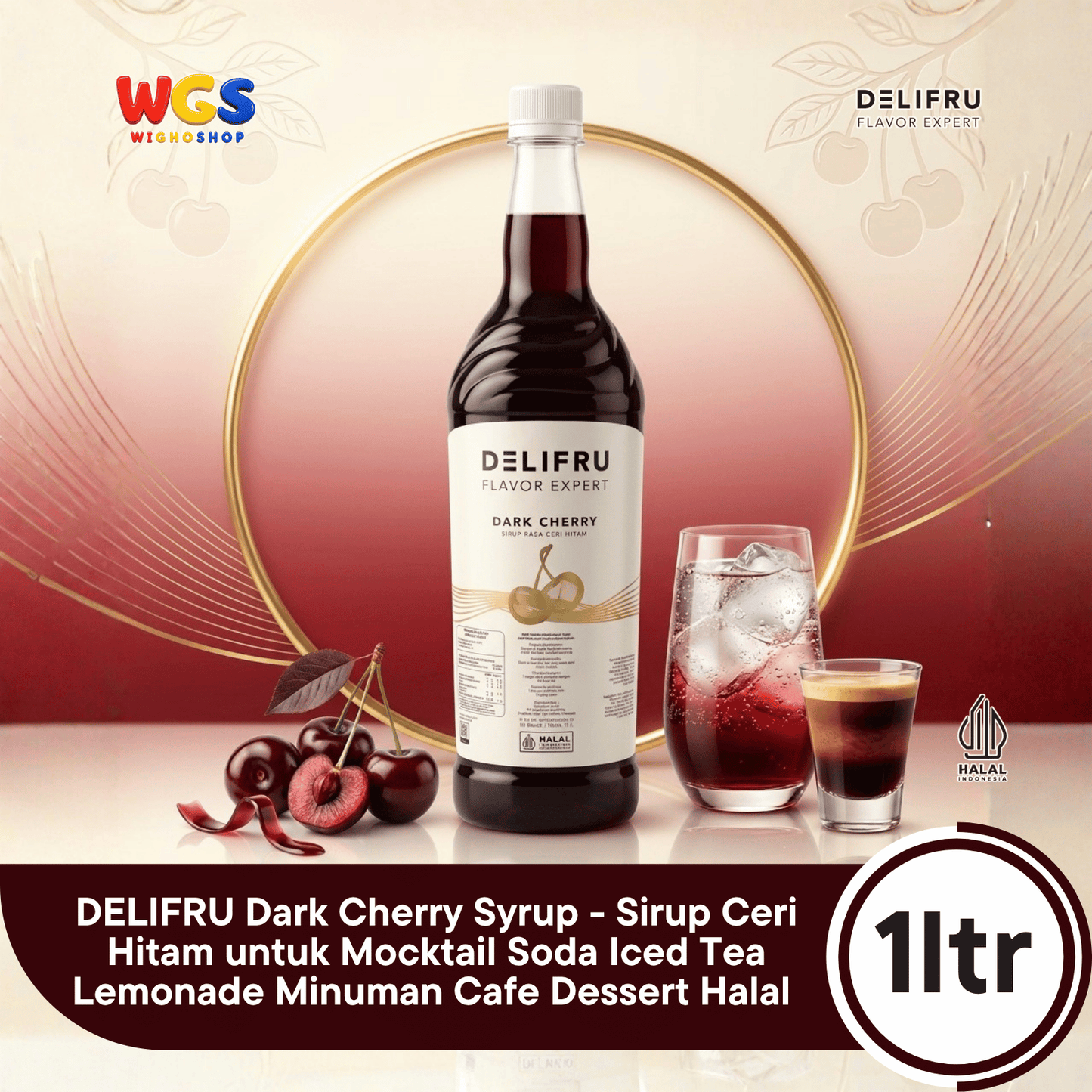 DELIFRU Dark Cherry Syrup 1 Liter - Sirup Ceri Hitam untuk Mocktail Soda Iced Tea Lemonade Minuman Cafe Dessert Halal