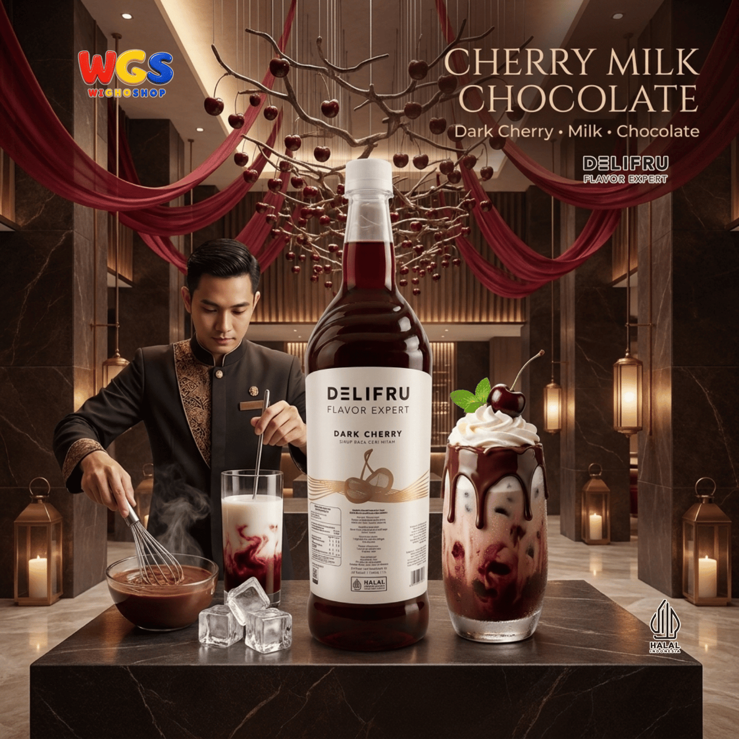 DELIFRU Dark Cherry Syrup 1 Liter - Sirup Ceri Hitam untuk Mocktail Soda Iced Tea Lemonade Minuman Cafe Dessert Halal