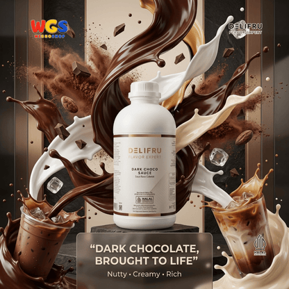 DELIFRU Dark Choco Sauce 1kg - Saus Cokelat Topping Kopi Mocha Latte Frappe Es Krim Pancake Dessert Halal