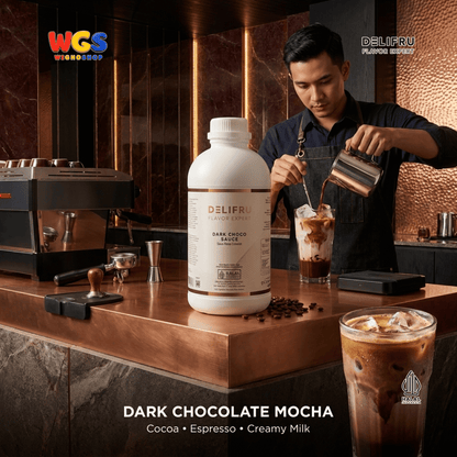 DELIFRU Dark Choco Sauce 1kg - Saus Cokelat Topping Kopi Mocha Latte Frappe Es Krim Pancake Dessert Halal