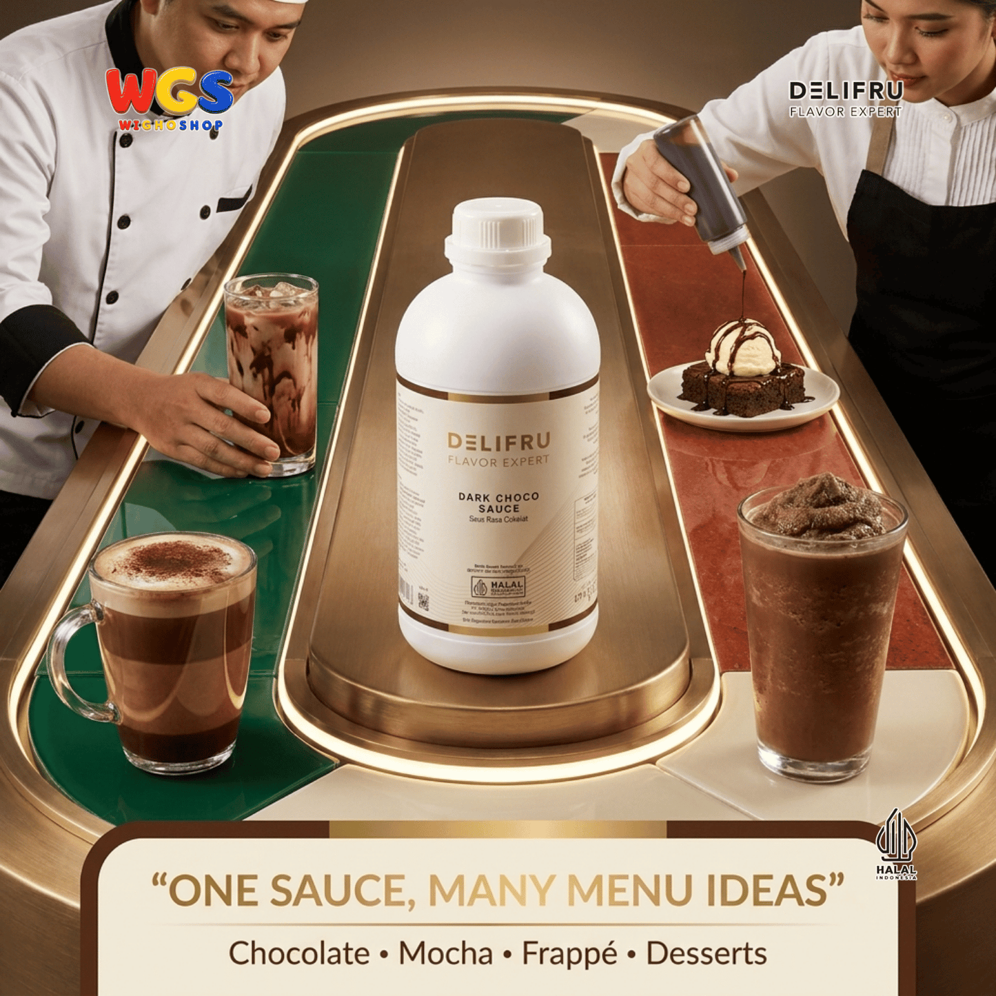 DELIFRU Dark Choco Sauce 1kg - Saus Cokelat Topping Kopi Mocha Latte Frappe Es Krim Pancake Dessert Halal