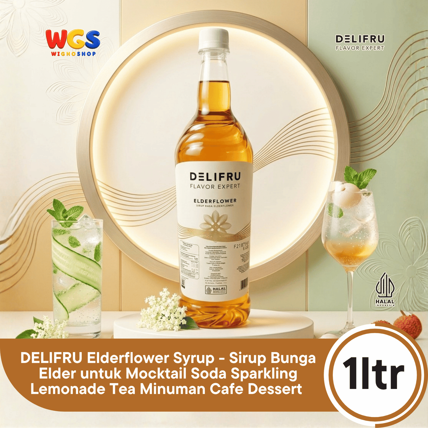 DELIFRU Elderflower Syrup 1 Liter - Sirup Bunga Elder untuk Mocktail Soda Iced Tea Lemonade Minuman Cafe Halal