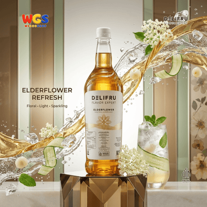 DELIFRU Elderflower Syrup 1 Liter - Sirup Bunga Elder untuk Mocktail Soda Iced Tea Lemonade Minuman Cafe Halal