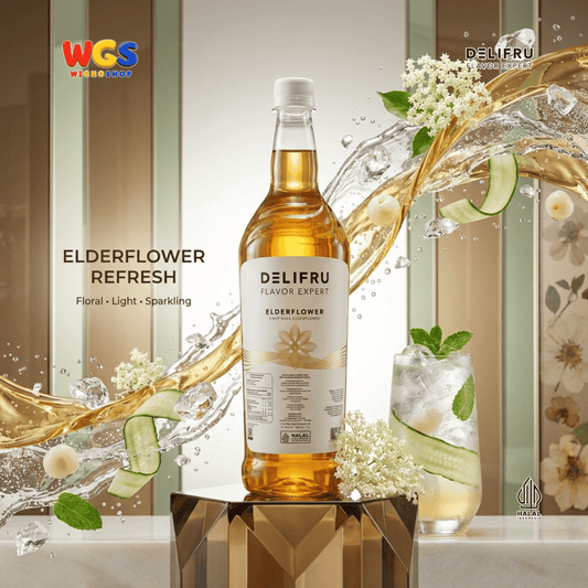 DELIFRU Elderflower Syrup 1 Liter - Sirup Bunga Elder untuk Mocktail Soda Iced Tea Lemonade Minuman Cafe Halal