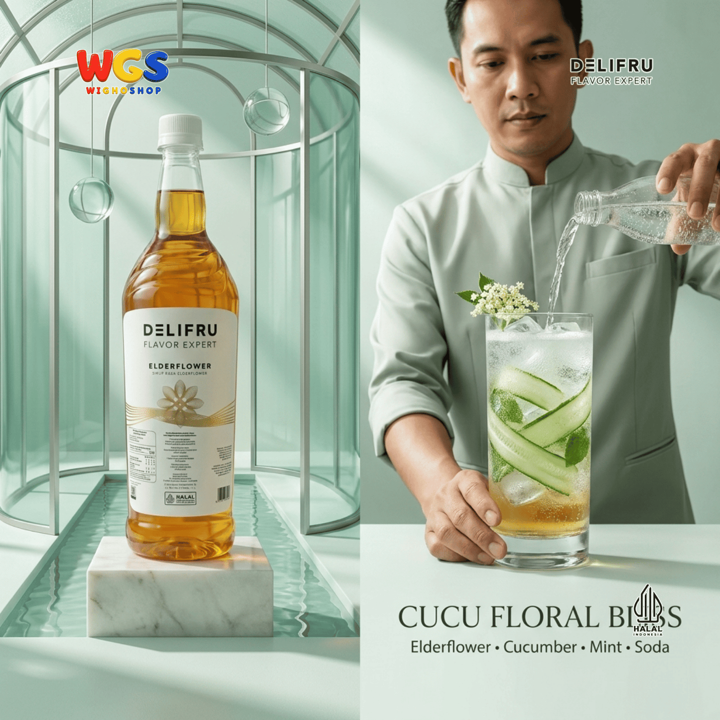 DELIFRU Elderflower Syrup 1 Liter - Sirup Bunga Elder untuk Mocktail Soda Iced Tea Lemonade Minuman Cafe Halal