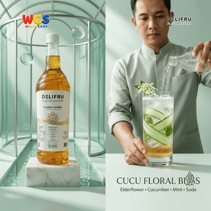 DELIFRU Elderflower Syrup 1 Liter - Sirup Bunga Elder untuk Mocktail Soda Iced Tea Lemonade Minuman Cafe Halal