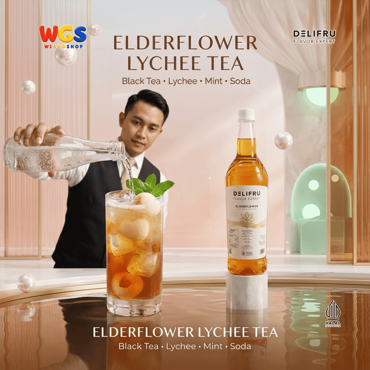 DELIFRU Elderflower Syrup 1 Liter - Sirup Bunga Elder untuk Mocktail Soda Iced Tea Lemonade Minuman Cafe Halal