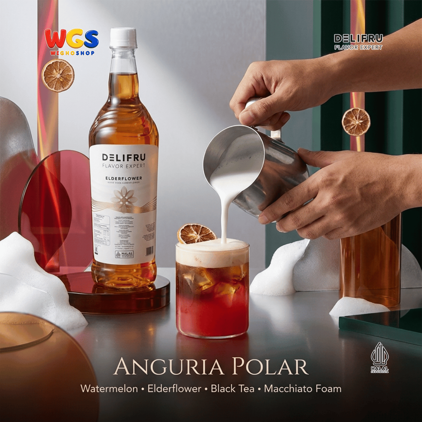DELIFRU Elderflower Syrup 1 Liter - Sirup Bunga Elder untuk Mocktail Soda Iced Tea Lemonade Minuman Cafe Halal