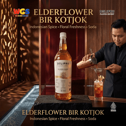 DELIFRU Elderflower Syrup 1 Liter - Sirup Bunga Elder untuk Mocktail Soda Iced Tea Lemonade Minuman Cafe Halal
