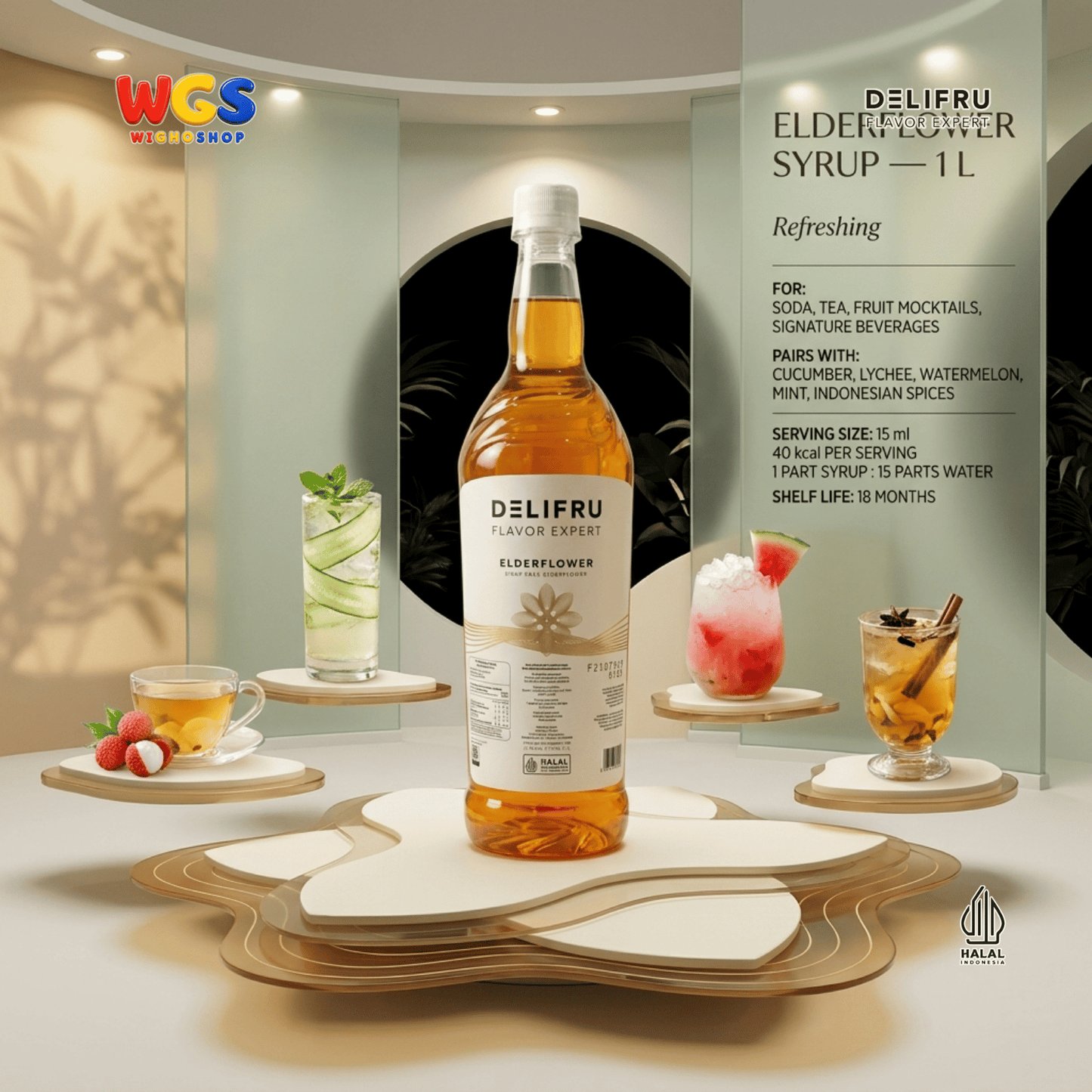 DELIFRU Elderflower Syrup 1 Liter - Sirup Bunga Elder untuk Mocktail Soda Iced Tea Lemonade Minuman Cafe Halal