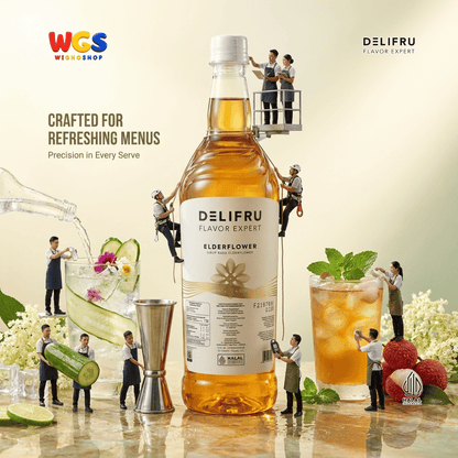 DELIFRU Elderflower Syrup 1 Liter - Sirup Bunga Elder untuk Mocktail Soda Iced Tea Lemonade Minuman Cafe Halal