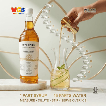 DELIFRU Elderflower Syrup 1 Liter - Sirup Bunga Elder untuk Mocktail Soda Iced Tea Lemonade Minuman Cafe Halal