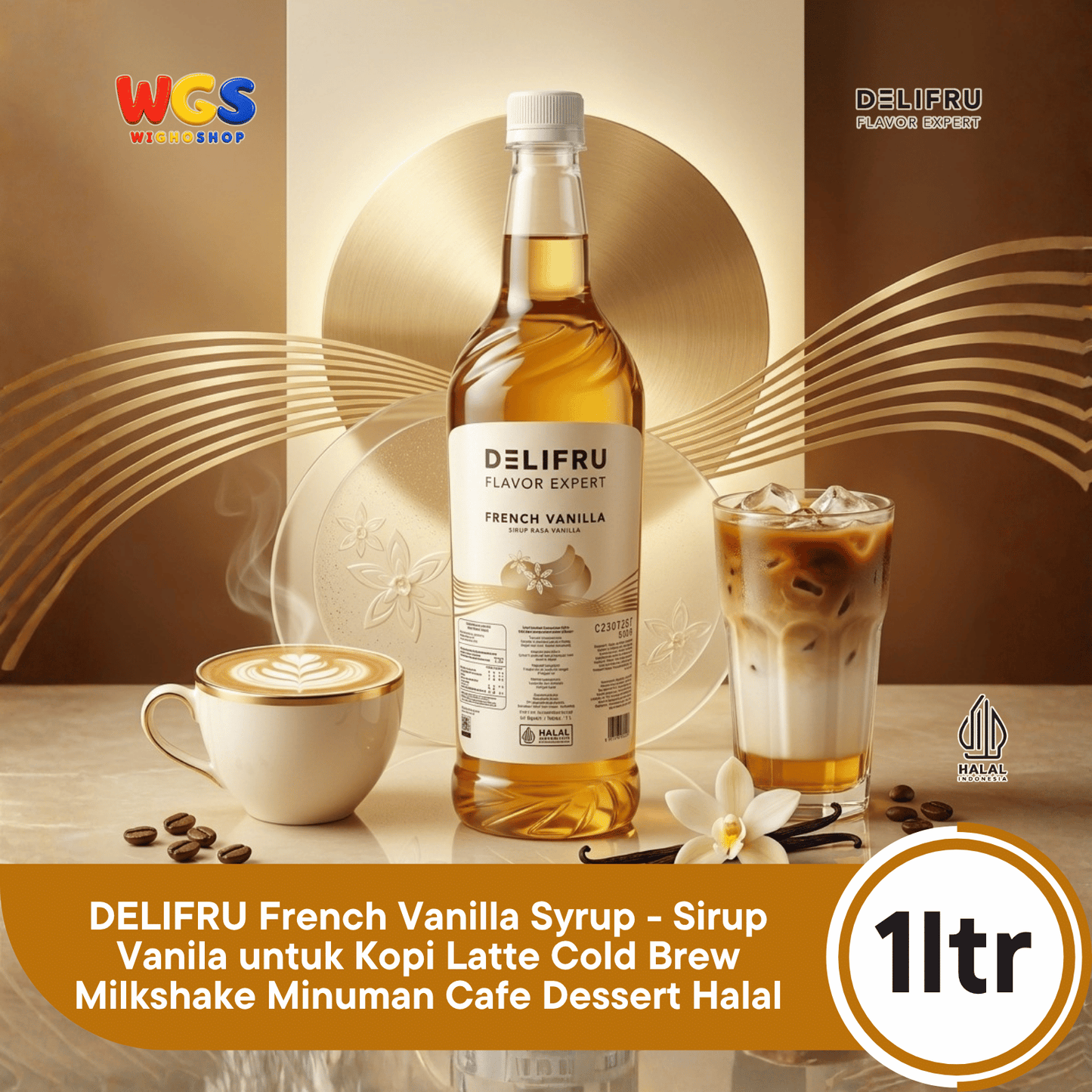 DELIFRU French Vanilla Syrup 1 Liter - Sirup Vanila untuk Kopi Latte Cold Brew Milkshake Minuman Cafe Dessert Halal